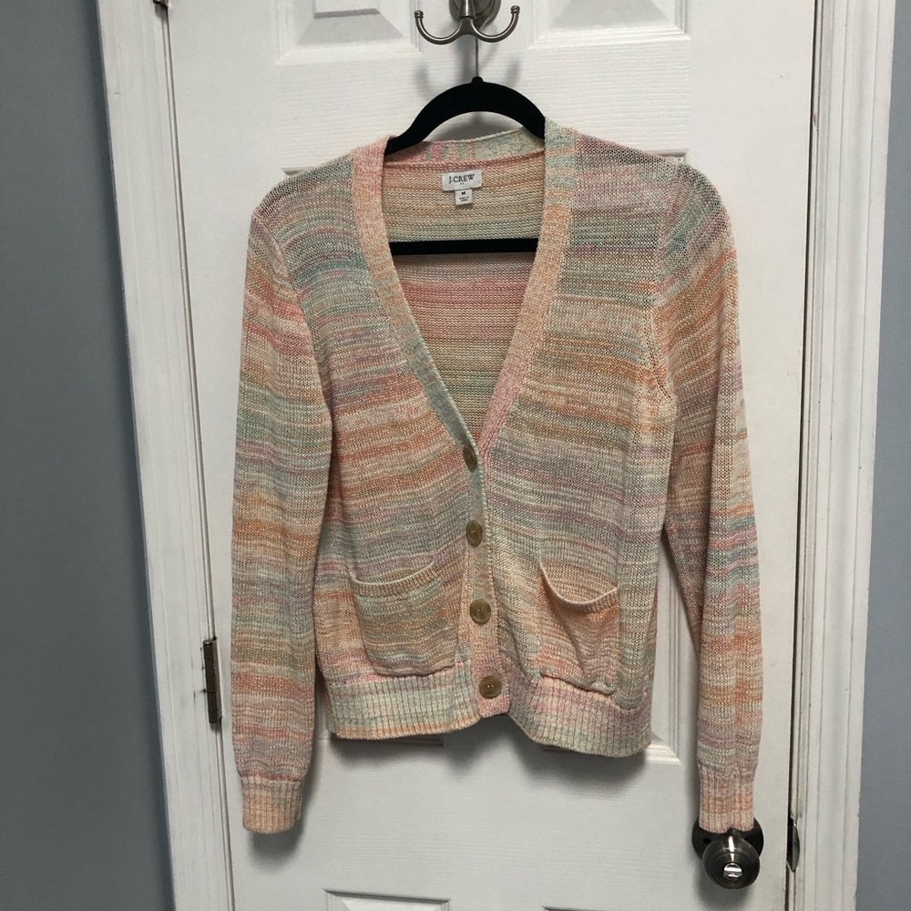 J. Crew Womens Cardigan Rainbow Knit Button Pockets Pastel Medium Cottagecore